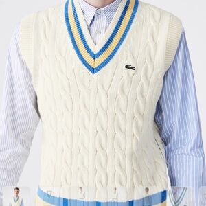 Lacoste unisex V-Neck Sweater Vest in White with Blue and Yellow
